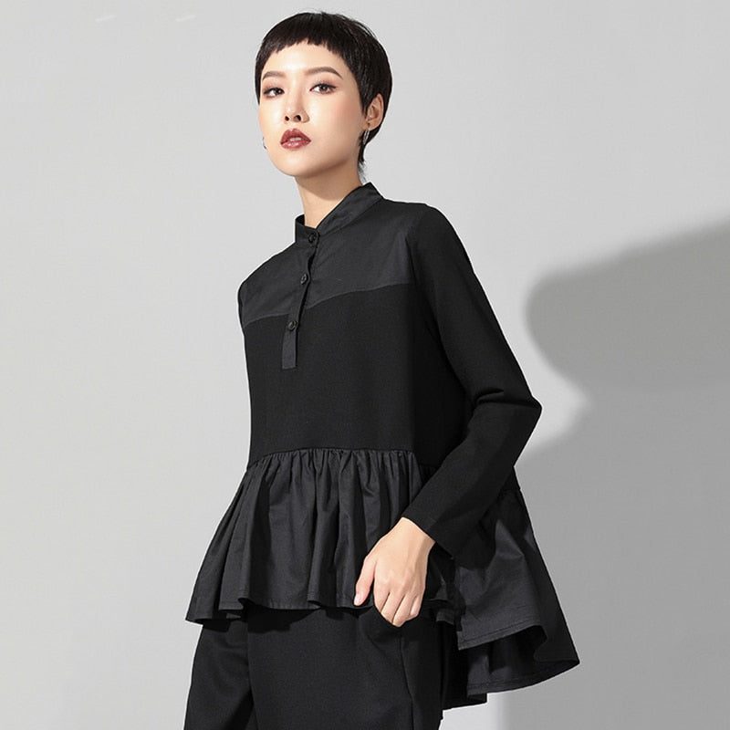 New Spring Autumn Stand Collar Long Sleeve Black Loose Hem