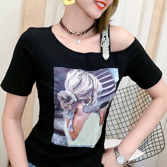 Summer Korean Clothes T-Shirt Fashion Print Sexy Skew Collar Diamonds Chain Women Tops Ropa Mujer Cotton Shirt Tees 2021 T06207