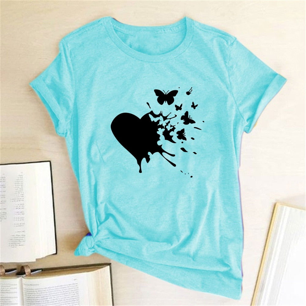 Heart Butterflies Print T-shirts Women Summer Graphic