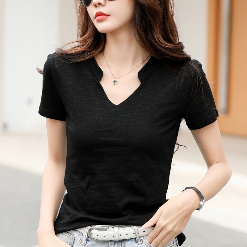 Short Sleeve Bamboo Cotton Women V-Neck T-Shirts 2021 Loose Casual Solid Color Brand T Shirt Ladies Summer Spring All-Match Tops