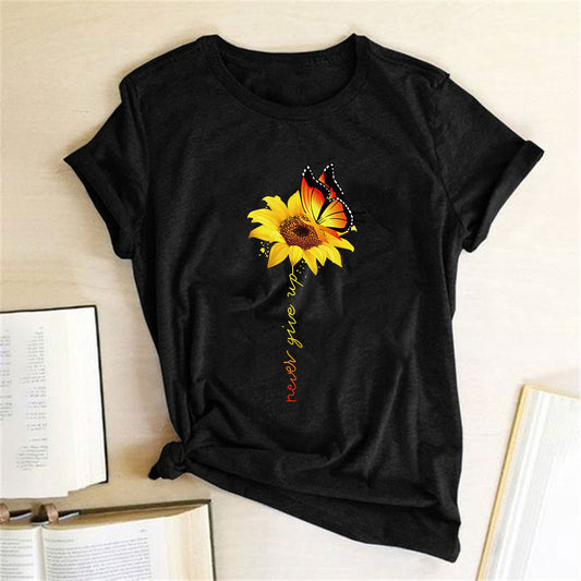 Aesthetic Cotton T Shirt Women Harajuku Graphic Tees Shirt Femme Sun Flower Butterfly White Women's T-shirt Never Give Up Tshirt