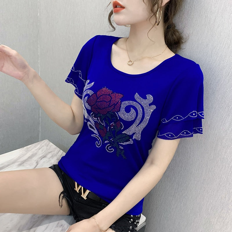 Korean Clothes T-shirt Fashion Diamonds Rose Women Tops