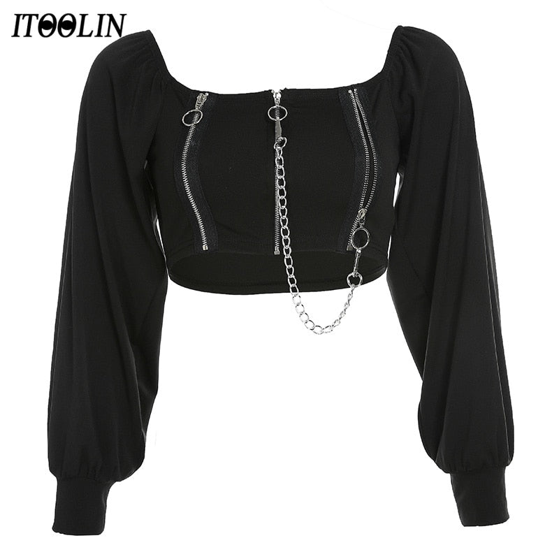 ITOOLIN Goth T-Shirt Zip Up Crop Top Women Off Shoulder Tees Chains Long Sleeve Y2k T-shirts Gothic Dark Black Vintage Clothes