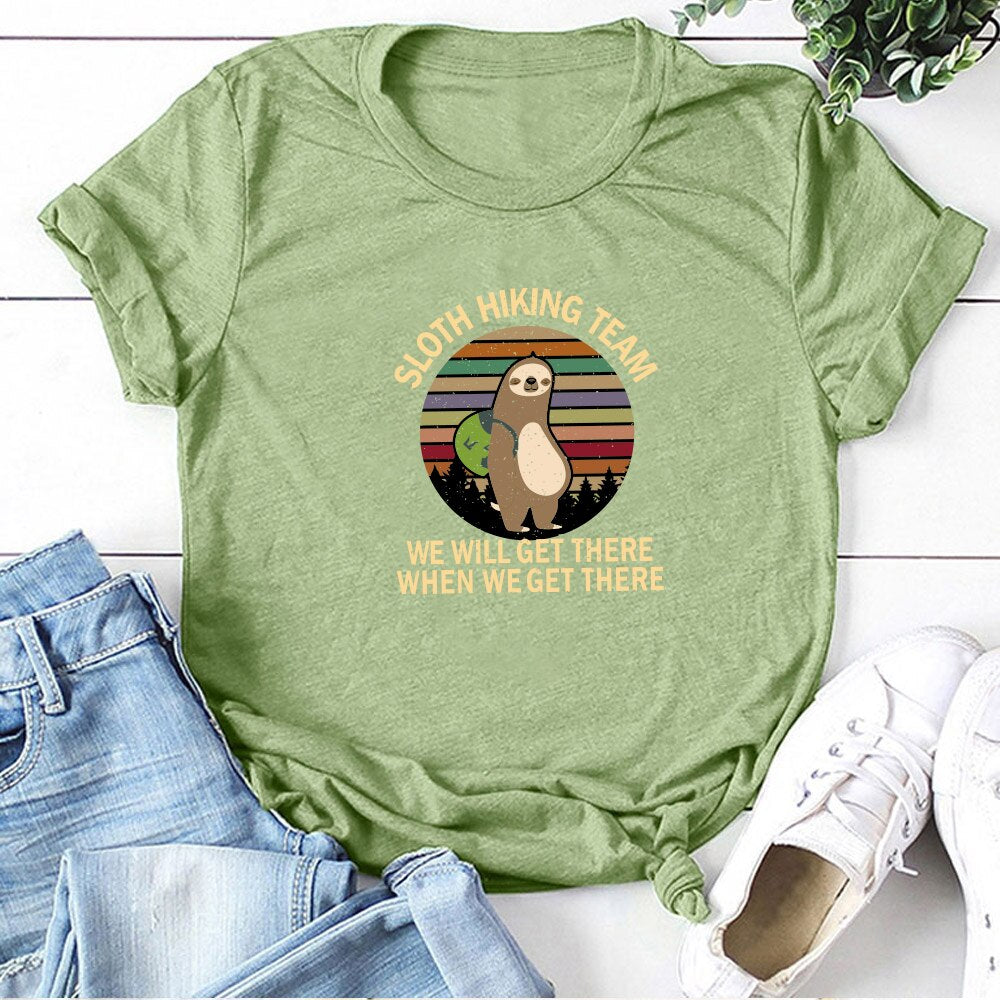 Sloth Hiking Team Printed Tshirts Women Summer Graphic Tees