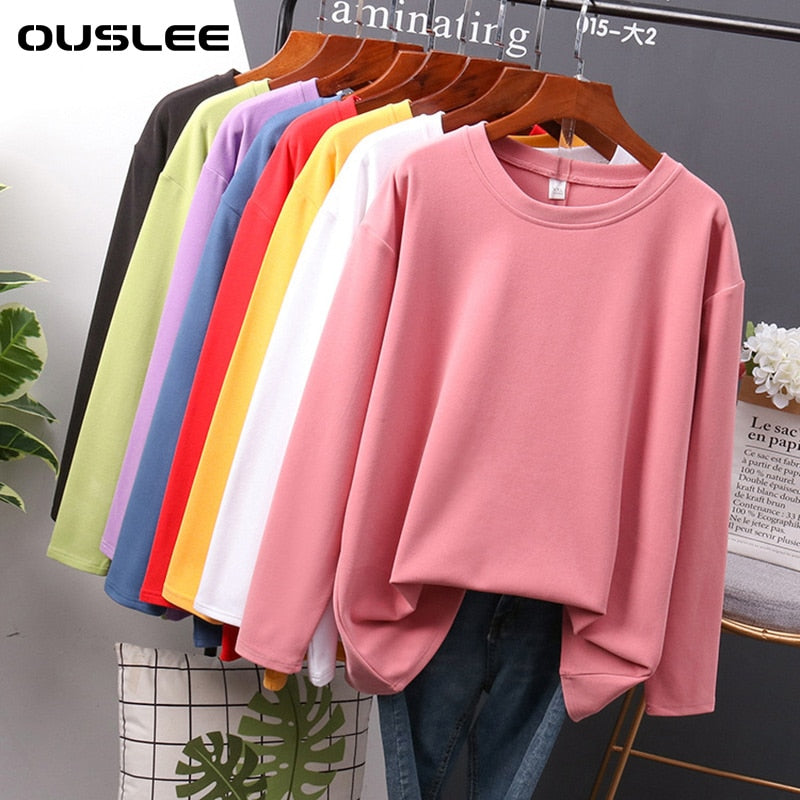 OUSLEE Cotton Long Sleeve T Shirt Women Casual Basic Women's T-shirts Solid Colors Top Female Fashion Korean Tee Shirt Plus Size