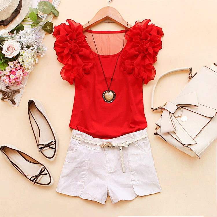 Cotton Casual Sexy Ruffles Short Sleeve Plus Size T Shirts Women Fashion Solid Loose Spring Summer All-Match Top Ladies 2021 New