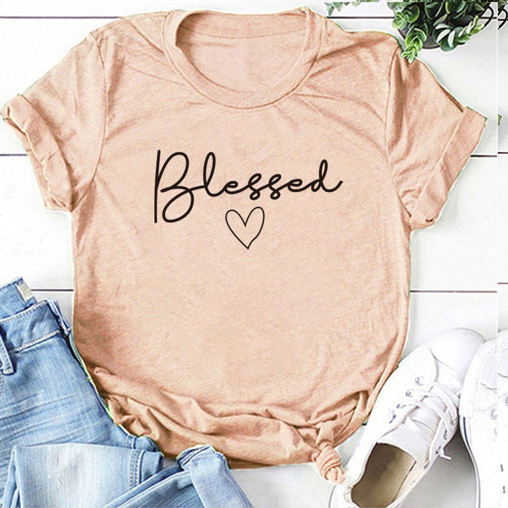 Blessed Heart Printing T-shirts Women Summer Clothes Vogue