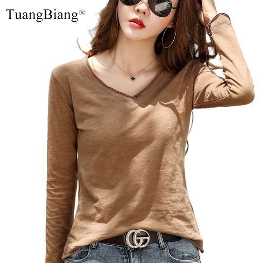 Women Frayed V-Neck Bamboo Cotton T-Shirts 2021 Plus Size Loose Fashion Purple TShirt Ladies Spring Cuffs Long Sleeve Khaki Tops