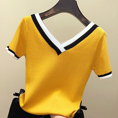 V-Neck T Shirt Women Tshirt Contrast Color Striped Knitted