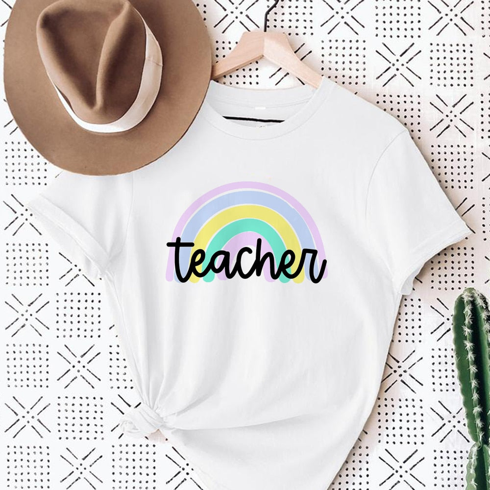 Love Rainbow Print White T-shirt Teacher Life Short Sleeve