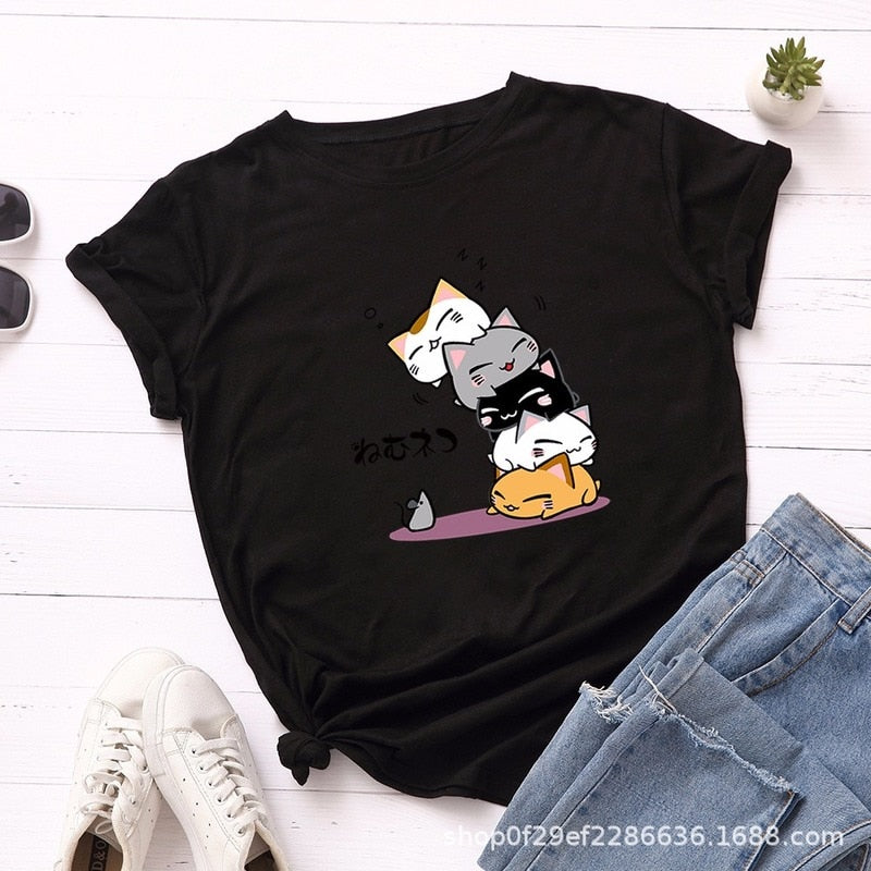 Summer T-Shirt Women Plus Size S-5XL Cotton Graphic Funny Cats Print Female Short Sleeve Simple Tshirts Casual Fashion Tops Tees