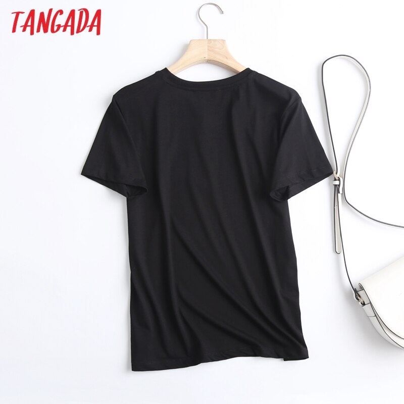 Tangada 2021 Women Black Letter Golden Print Cotton T Shirt Short Sleeve Tees Ladies Casual Tee Shirt Street Wear Top 6D04