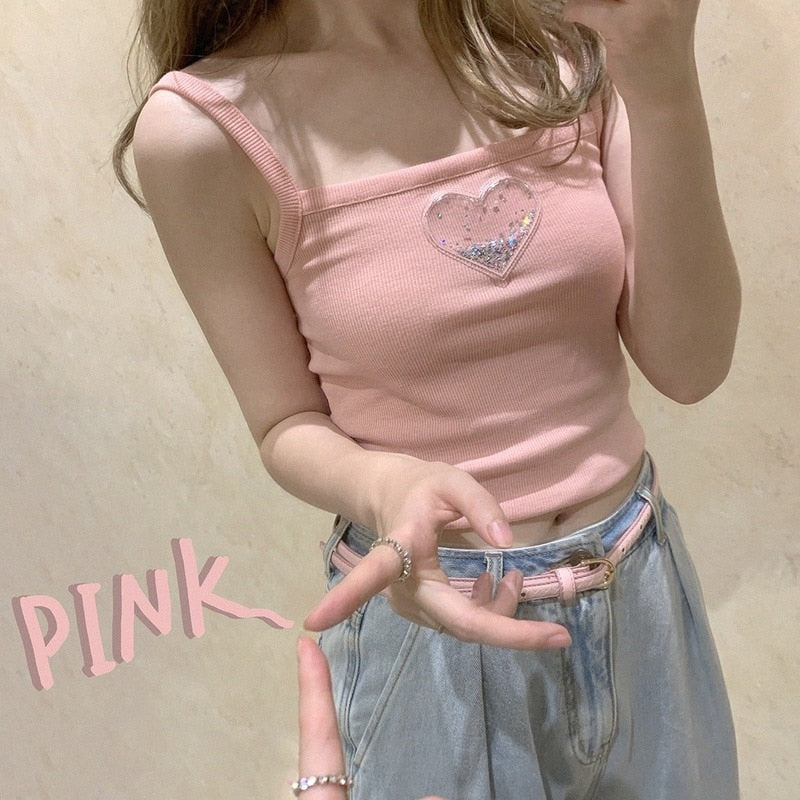 Pink Crop Top Women Summer Harajuku Sleeveless Tees