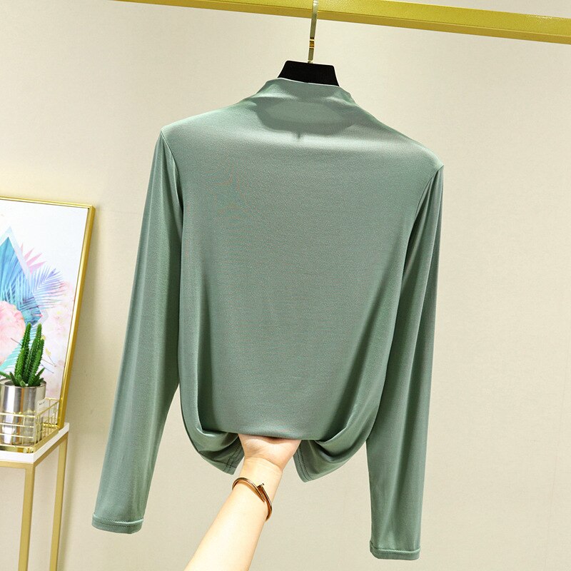 100% cotton long sleeve Solid Turtleneck t-shirt women high stretch slim tops spring autumn skinny Basic Bottoming tshirt tight