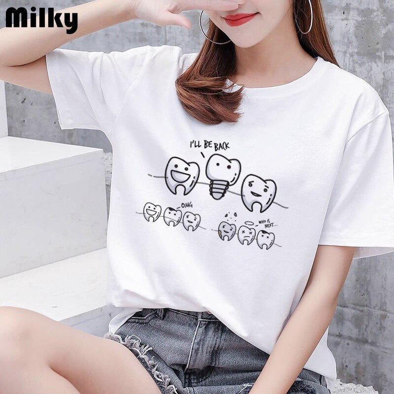 Aesthetic funny tooth dentist women's T-shirt 90s Harajuku Kawaii O-neck T-shirt pattern fashion printing Plus size women shirts