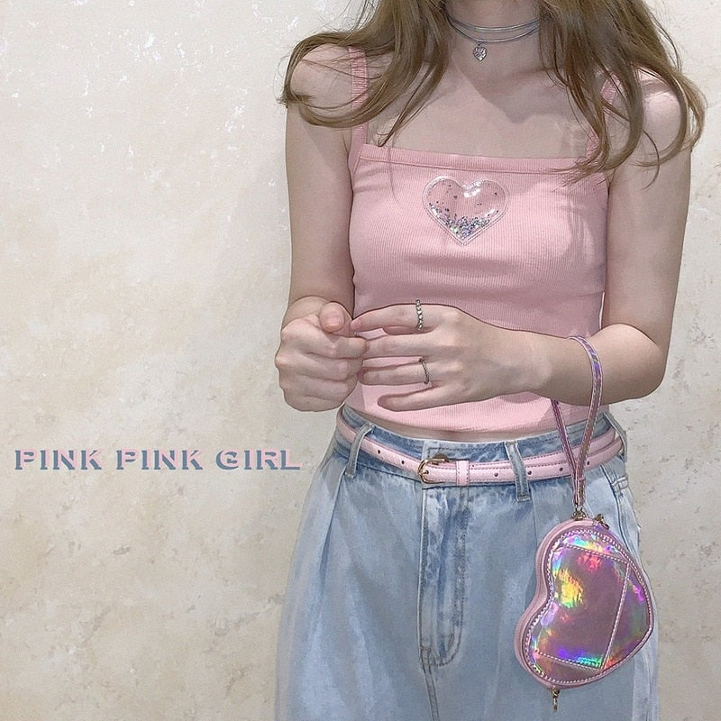 Pink Crop Top Women Summer Harajuku Sleeveless Tees