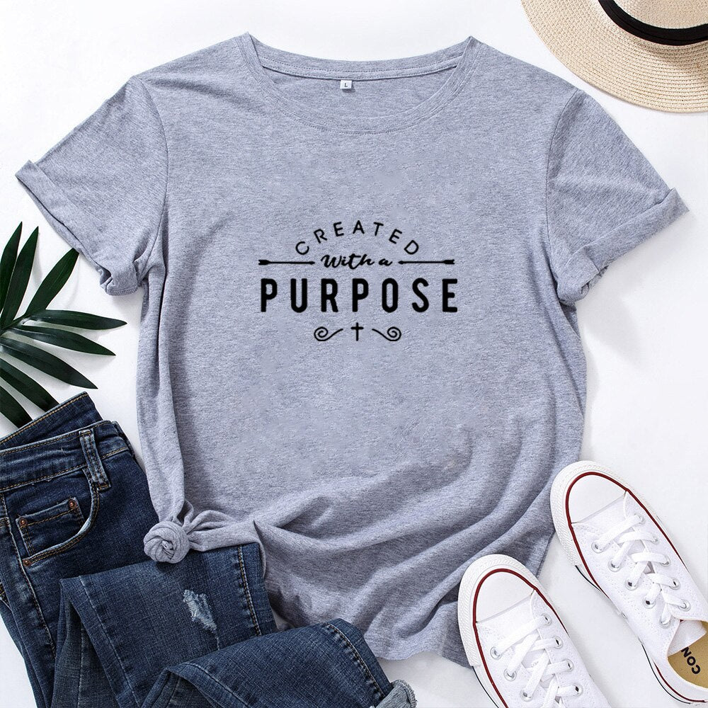 CREATED with A PURPOSE Letter T-shirt Women Cotton O-neck Personality Tshirt Women Fashion Loose Short Sleeve Women T Shirt