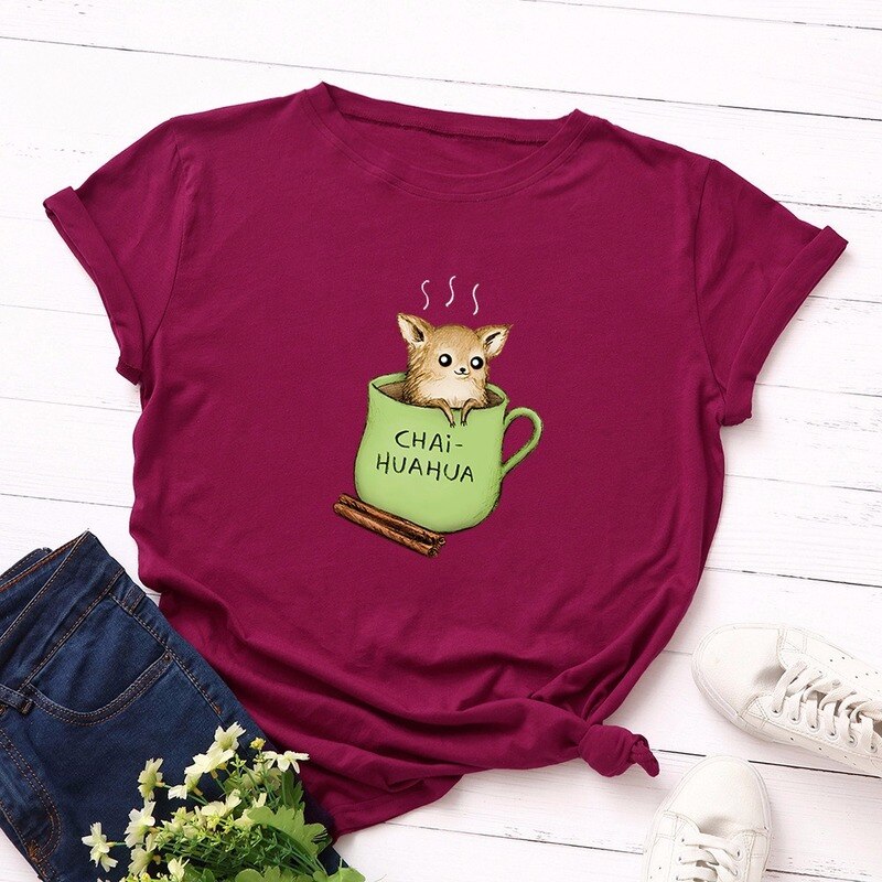 Women T-Shirt Summer Cotton Short Sleeve Cartoon Cute Dog