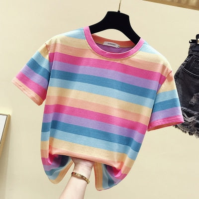 Girls Rainbow Striped Cotton Tshirt Women Tops Fashion