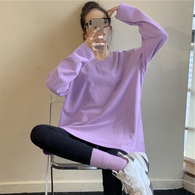 Summer 2021 new women's Fashion Top plus size Korean O-neck long sleeve purple T-shirt