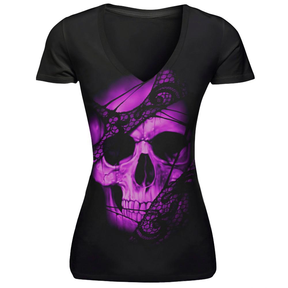 Free Shipping T-shirt Women Casual Comfortable V-neck Shirts Women Top Tees Red Mouth Black Skull Prints Short Sleeve