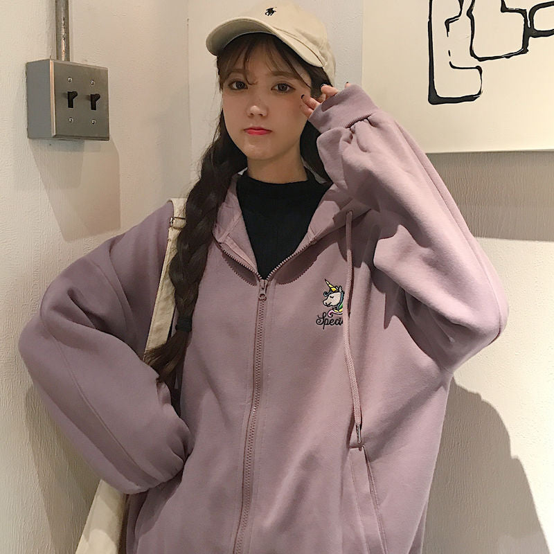 Hoodies women zipper kangaroo pocket casual loose solid color sweatshirt female