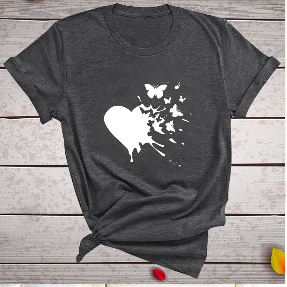 Heart Butterflies Print T-shirts Women Summer Graphic