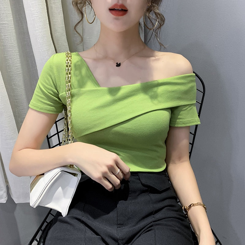 European Clothes Fashion Asymmetrical Hollow Out T-shirt Women 2020 New Summer Back Tops Ropa Mujer Bottoming Shirt Tees T02210