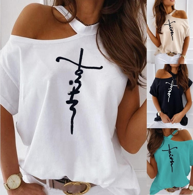 Women Plus Size Ladies One Shoulder Letter Printed T-Shirt Top Summer Loose Cute Tee Shirt Vogue Tops Female T-shirts