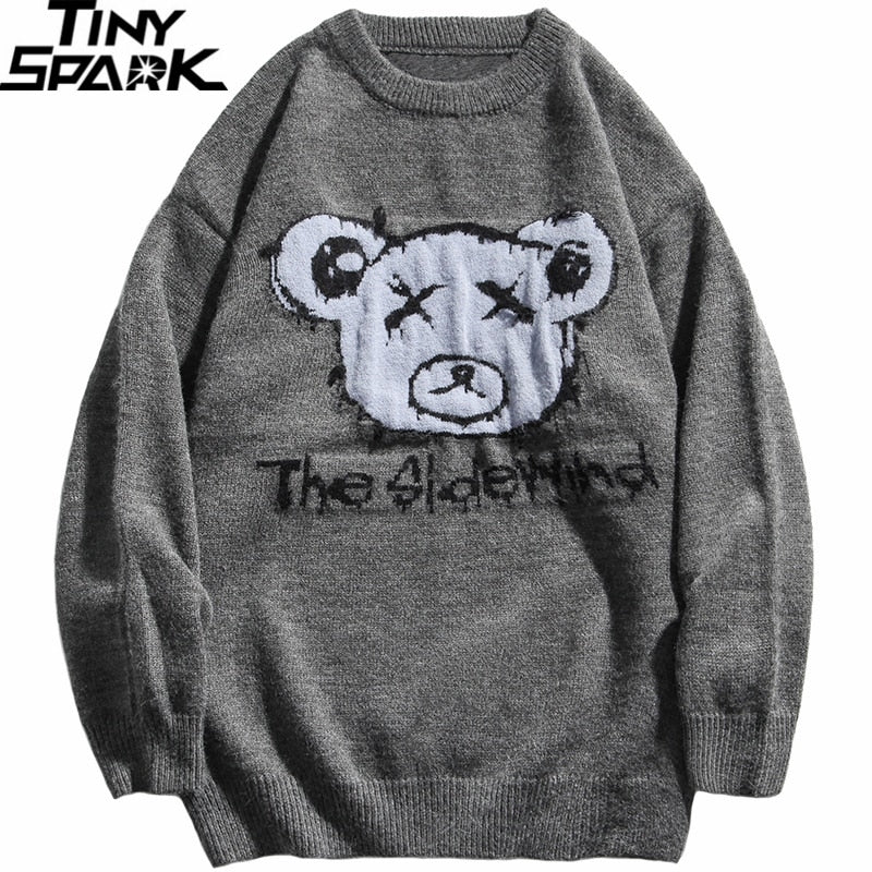 Men Hip Hop Streetwear Knitted Sweater Funny Bear Sweater Jumper