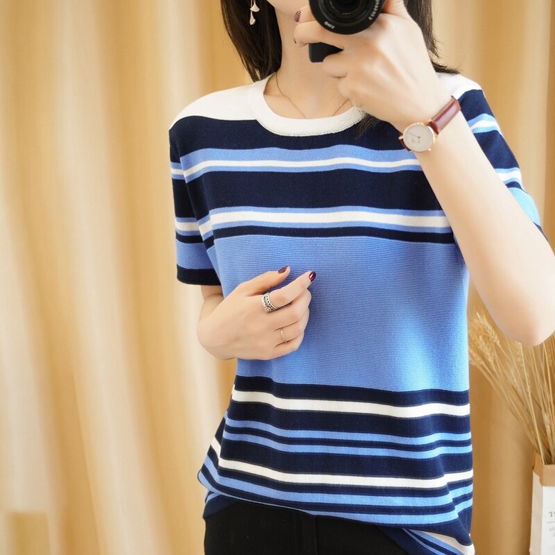 summer new pure cotton T-shirt women casual pullover knitted sweater short sleeve plus size round neck tees striped top