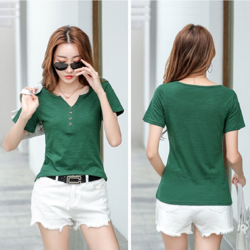 Short sleeve Summer Women Slub Cotton T-shirts Female Button Loose