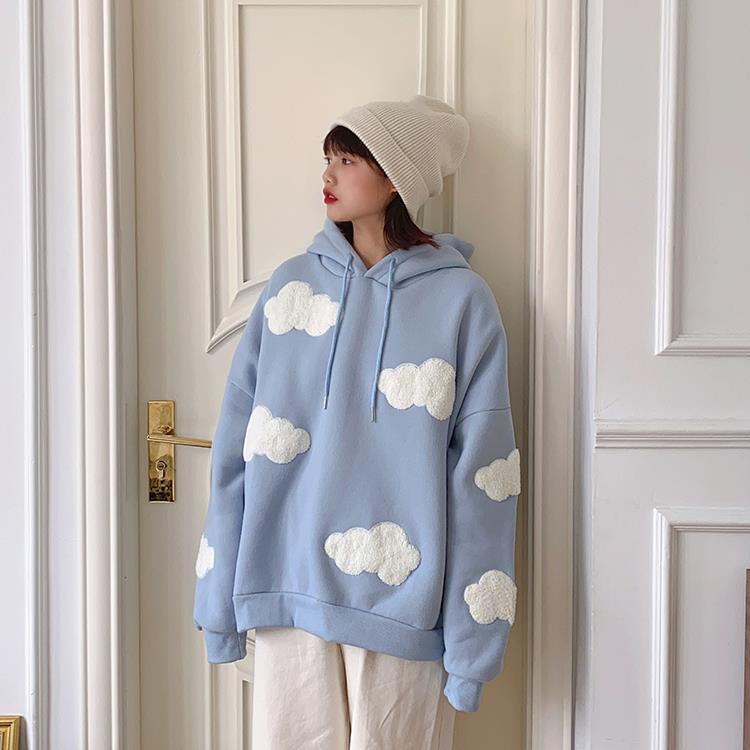 Korean Sweatshirt Women Winter Fashion Clouds Pullover Plus Velvet