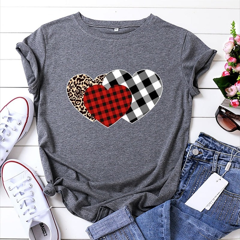 JCGO Summer Women T Shirt Cotton Plus Size 5XL Cute Plaid Heart Print Graphic Tees Tops Short Sleeve O-Neck Casual Woman Tshirts