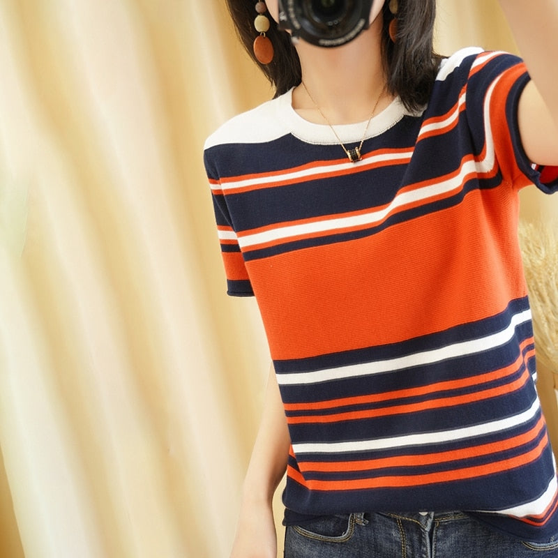 summer new pure cotton T-shirt women casual pullover knitted sweater short sleeve plus size round neck tees striped top