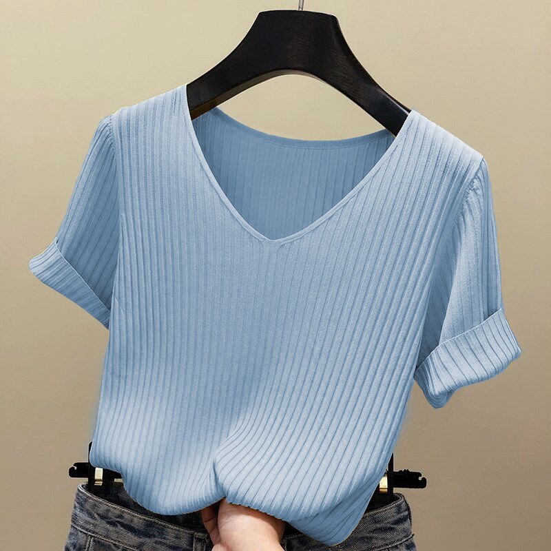 Knitted Short Sleeve Women V-Neck T Shirts Blue Loose Black