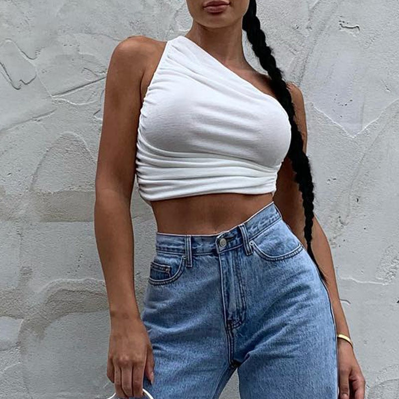 One Shoulder Crop Top Women Sexy Sleeveless Ruched