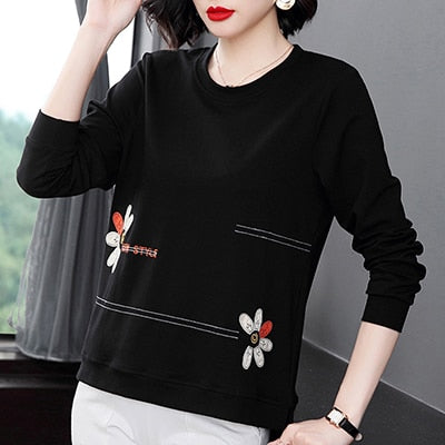 Floral Letter Embroidery Long Sleeve T Shirt Women Spring