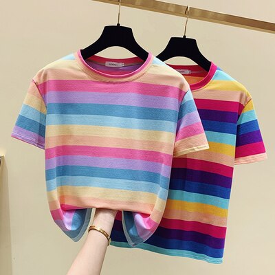 Girls Rainbow Striped Cotton Tshirt Women Tops Fashion