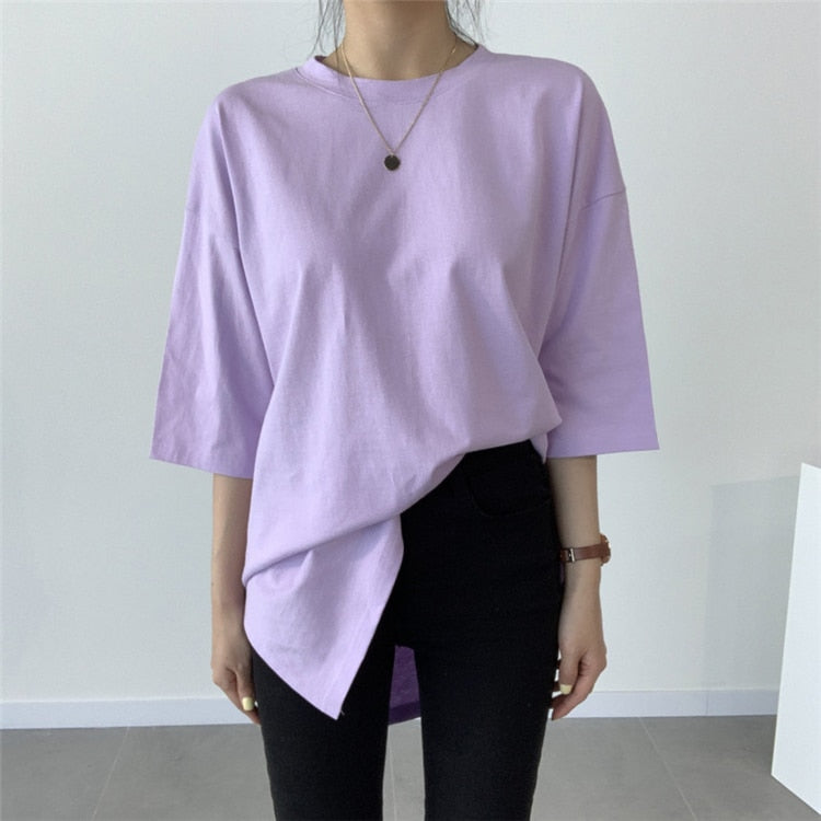 Colorfaith New 2021 Women Spring Summer T-shirts Solid Multi Colors Loose Bottoming Half Sleeve Minimalist Split Midi Tops T1165