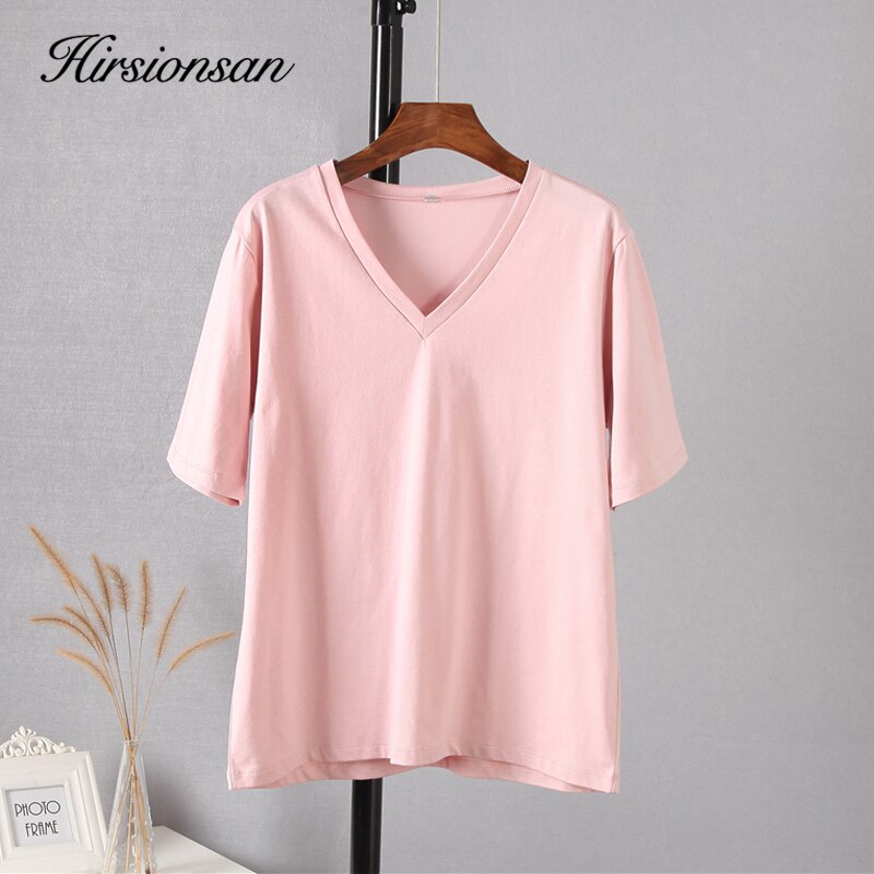 Hirsionsan 100% Cotton Summer T Shirt Women Soft Short Sleeve V Neck Female Tees Basic Kintwear Tops Harajuku Tshirt for Ladies