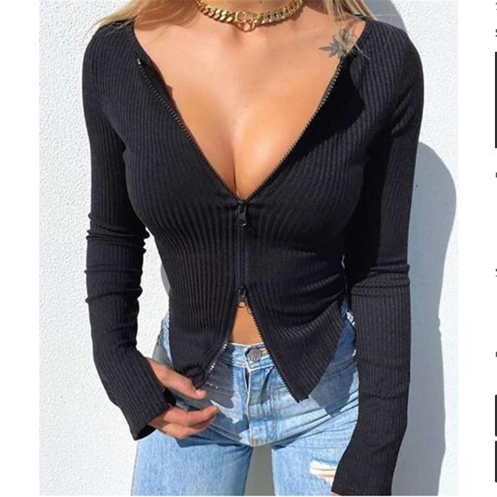 Women T-shirt Spring Autumn Clothes Ribbed Knitted Long