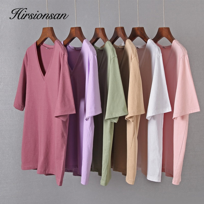 Hirsionsan 100% Cotton Summer T Shirt Women Soft Short Sleeve V Neck Female Tees Basic Kintwear Tops Harajuku Tshirt for Ladies