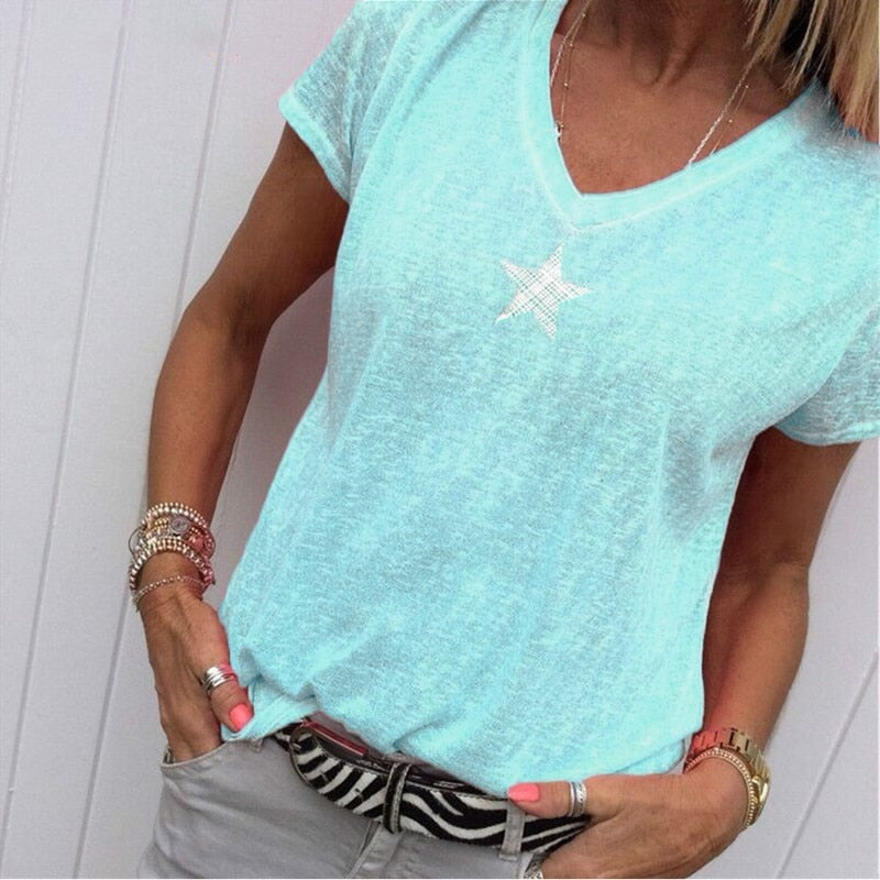 Summer T Shirt Women Casual V-Neck T-shirts Female Short Sleeve