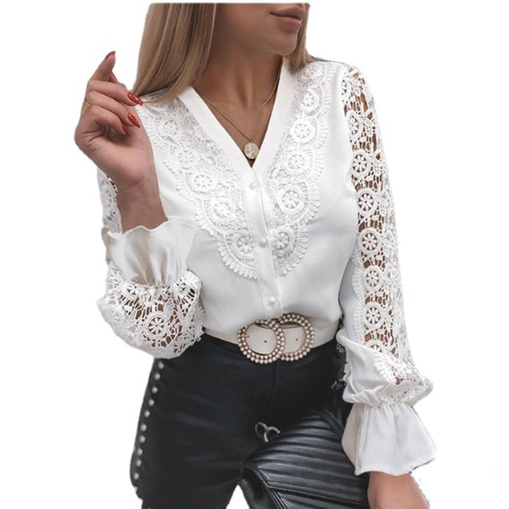 Women Sexy Lace Patchwork Hollow Out T-Shirt Long Sleeve Crew Neck Button Mesh Design Tops Spring Fashion White Vintage T Shirts