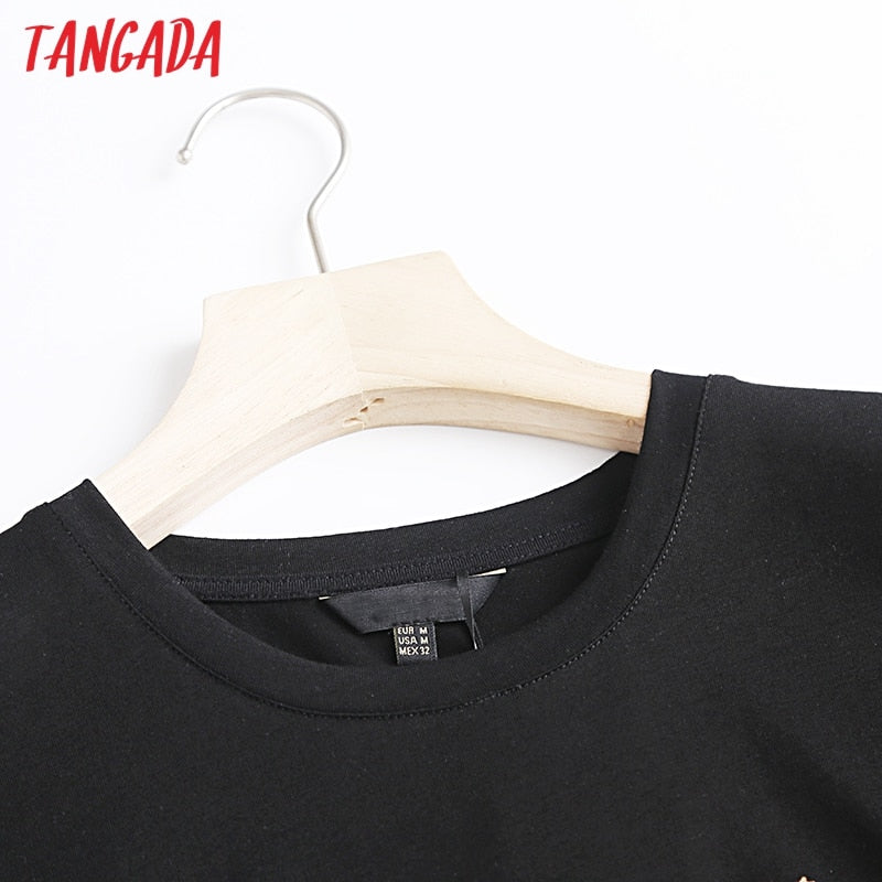 Tangada 2021 Women Black Letter Golden Print Cotton T Shirt Short Sleeve Tees Ladies Casual Tee Shirt Street Wear Top 6D04