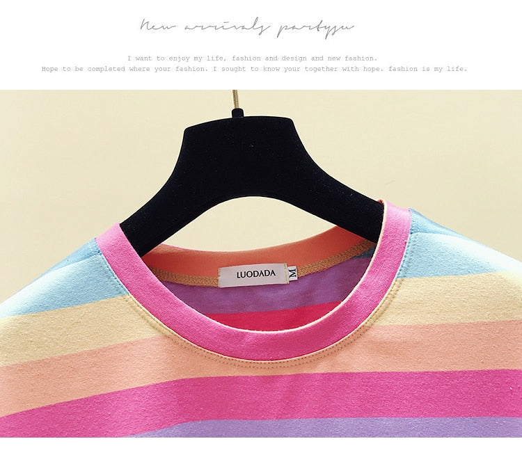 Girls Rainbow Striped Cotton Tshirt Women Tops Fashion