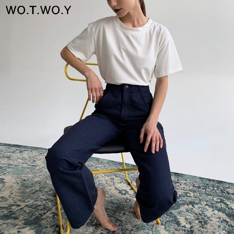 WOTWOY Summer Loose Basic Tee Shirt Women Knitted Cotton Solid T-Shirt Women O-Neck Casual Korean Tops Female Harajuku 2020 New