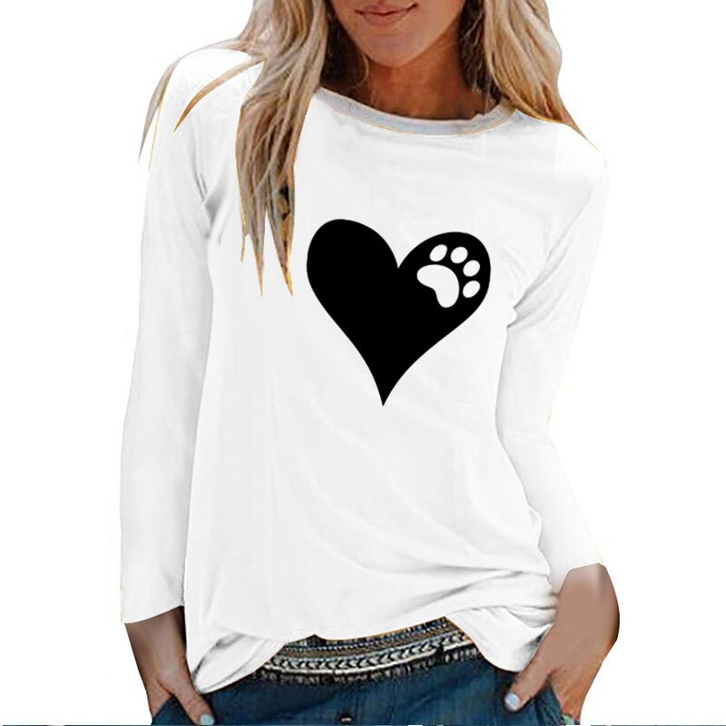 Heart Bear Paw Print Long Sleeve T-shirts Women Autumn