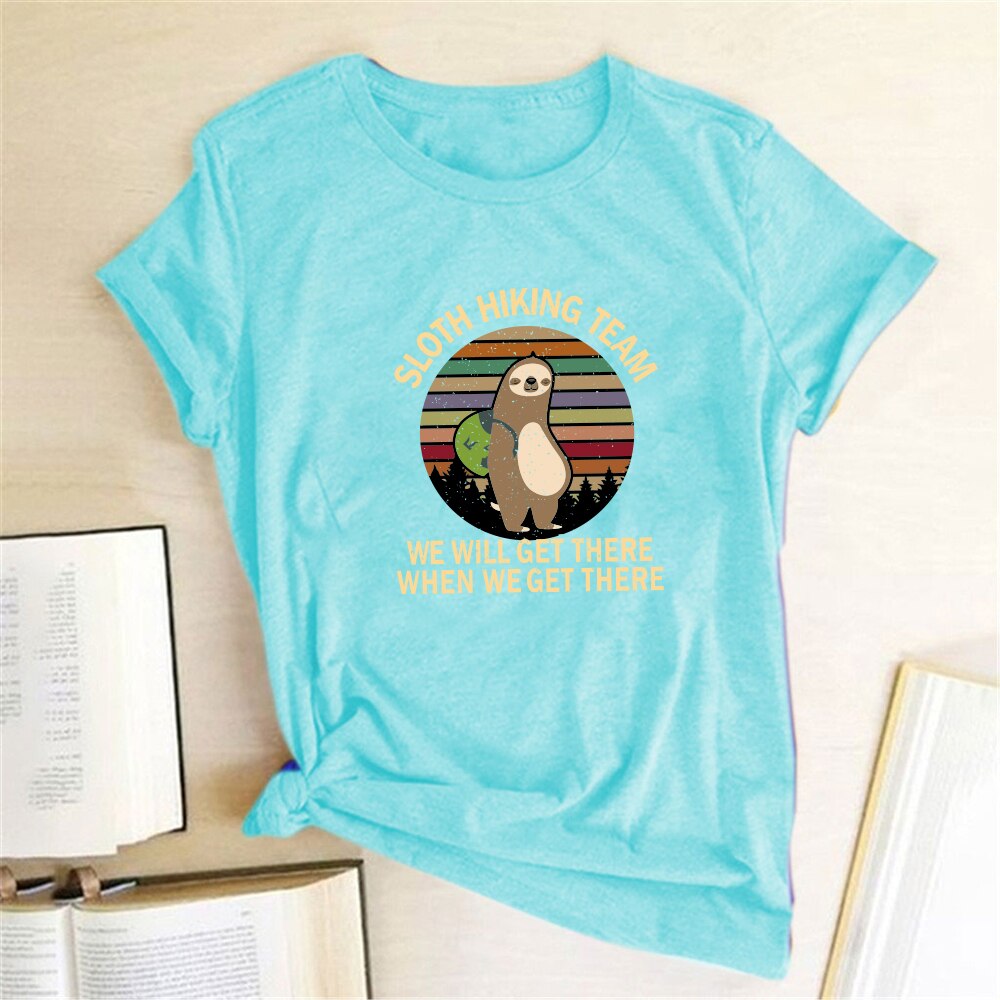 Sloth Hiking Team Printed Tshirts Women Summer Graphic Tees